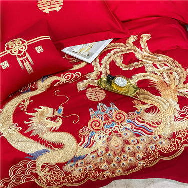 Luxury Red Dragon Tail Peacock Phoenix Wedding Duvet Cover Set, Polyester Bedding Set